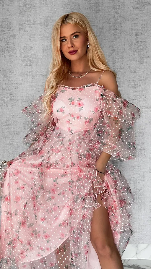 Cudowna różowa sukienka tiulowa cała w kwiaty - R422