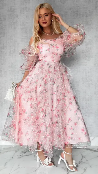 Cudowna różowa sukienka tiulowa cała w kwiaty - R422