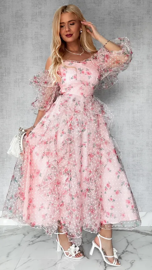 Cudowna różowa sukienka tiulowa cała w kwiaty - R422