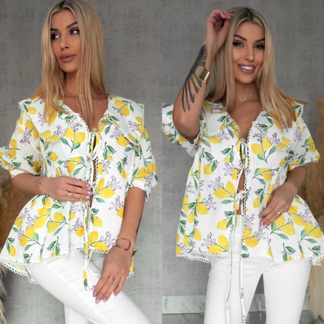 Wiązana LNIANA bluzka w cytryny ONE SIZE - R766