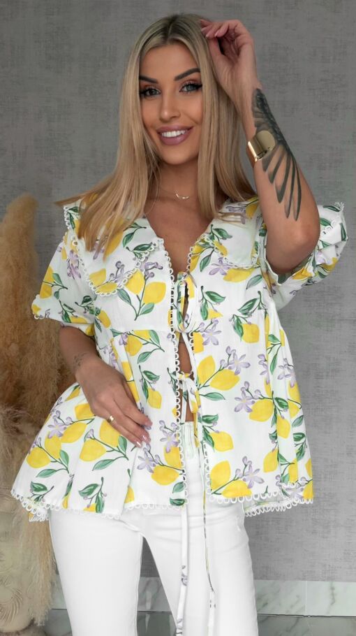 Wiązana LNIANA bluzka w cytryny ONE SIZE - R766