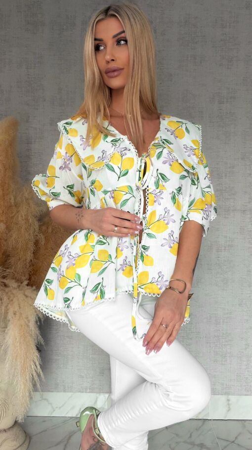 Wiązana LNIANA bluzka w cytryny ONE SIZE - R766