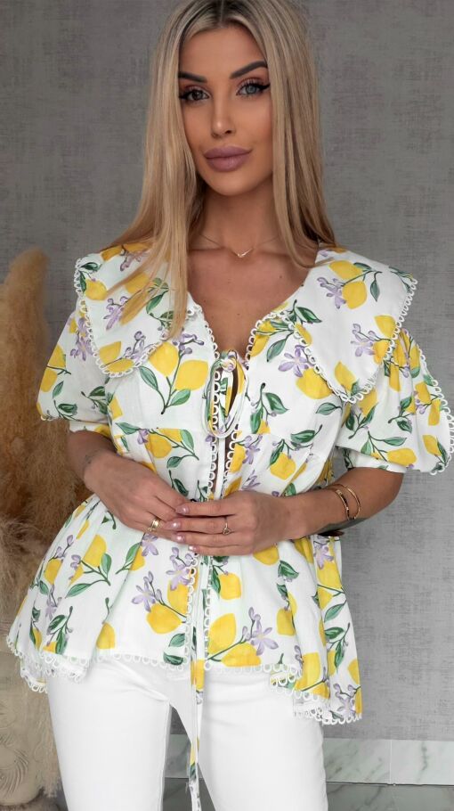 Wiązana LNIANA bluzka w cytryny ONE SIZE - R766