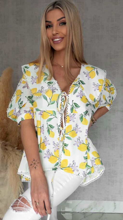 Wiązana LNIANA bluzka w cytryny ONE SIZE - R766