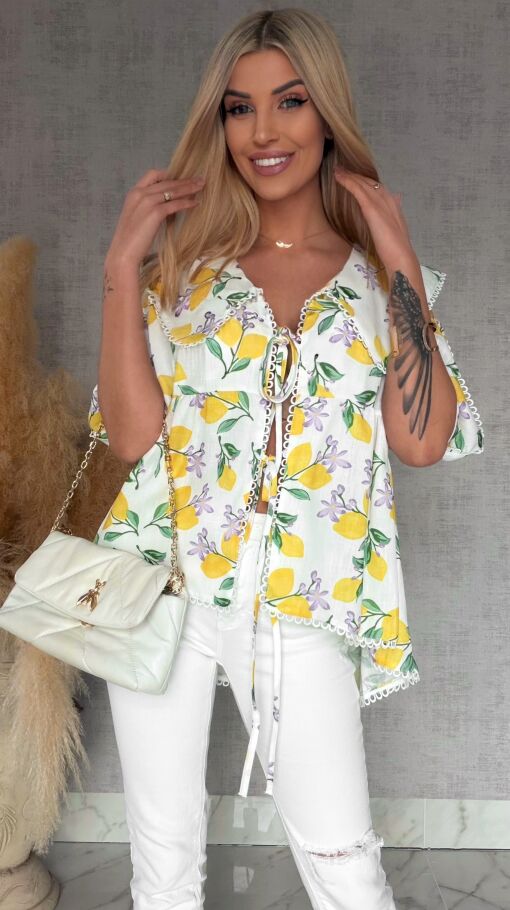 Wiązana LNIANA bluzka w cytryny ONE SIZE - R766