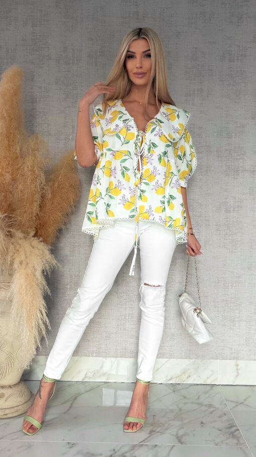 Wiązana LNIANA bluzka w cytryny ONE SIZE - R766