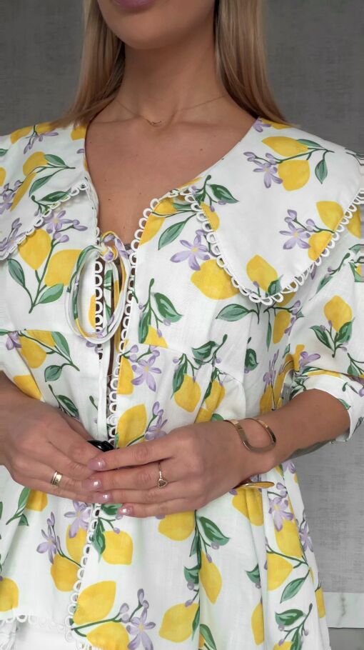 Wiązana LNIANA bluzka w cytryny ONE SIZE - R766