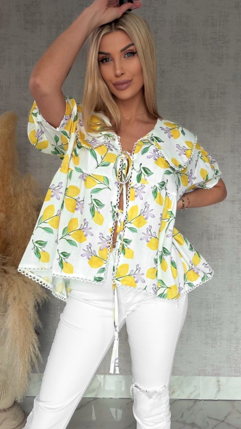 Wiązana LNIANA bluzka w cytryny ONE SIZE - R766
