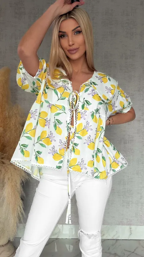 Wiązana LNIANA bluzka w cytryny ONE SIZE - R766