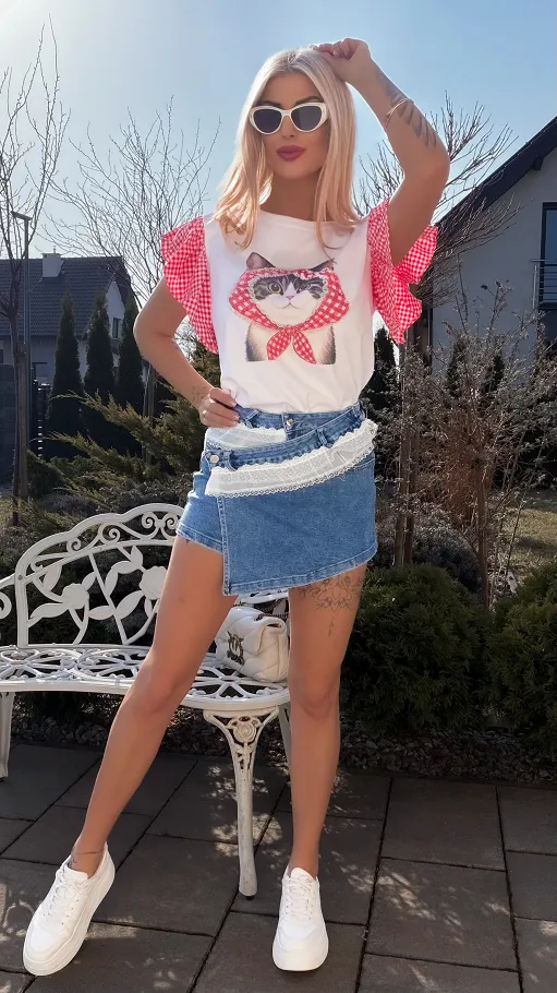 Elastyczne jeansowe spódnico-spodenki z białą koronką BLUE JEANS - R784