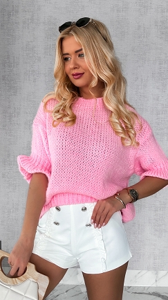 Różowy wiosenny sweter z modnymi rękawami ONE SIZE - P355