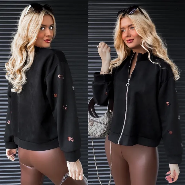 Zamszowa bluza na zamek zdobiona cekinami CZARNA - R284