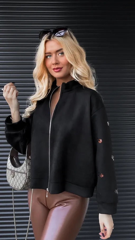 Zamszowa bluza na zamek zdobiona cekinami CZARNA - R284