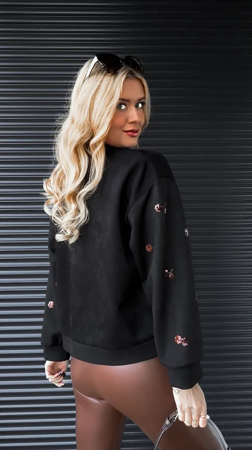 Zamszowa bluza na zamek zdobiona cekinami CZARNA - R284