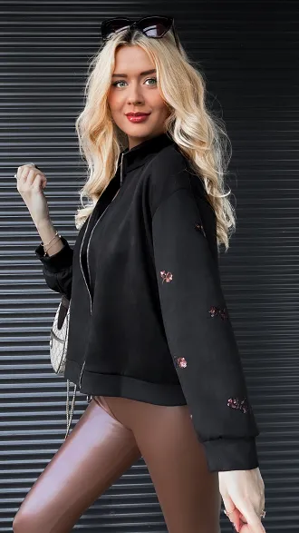 Zamszowa bluza na zamek zdobiona cekinami CZARNA - R284