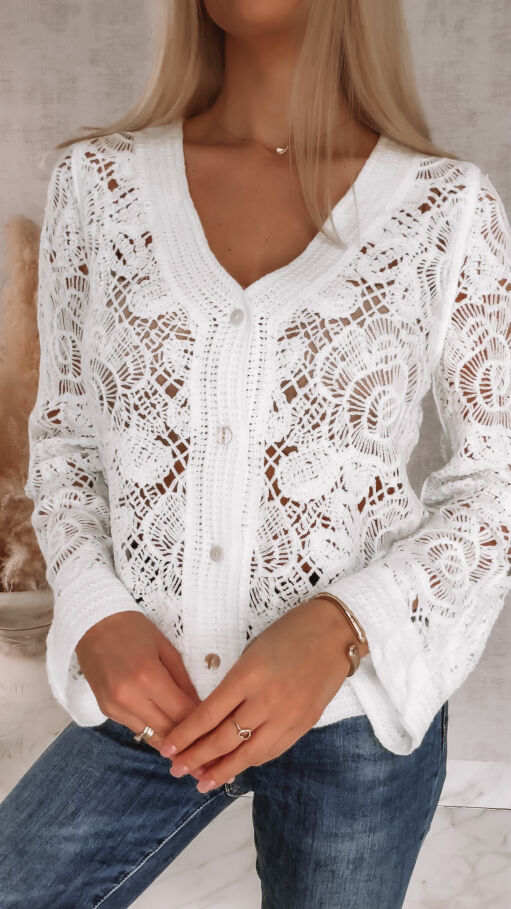Ażurowy szydełkowy sweter na guziki ONE SIZE white - R920