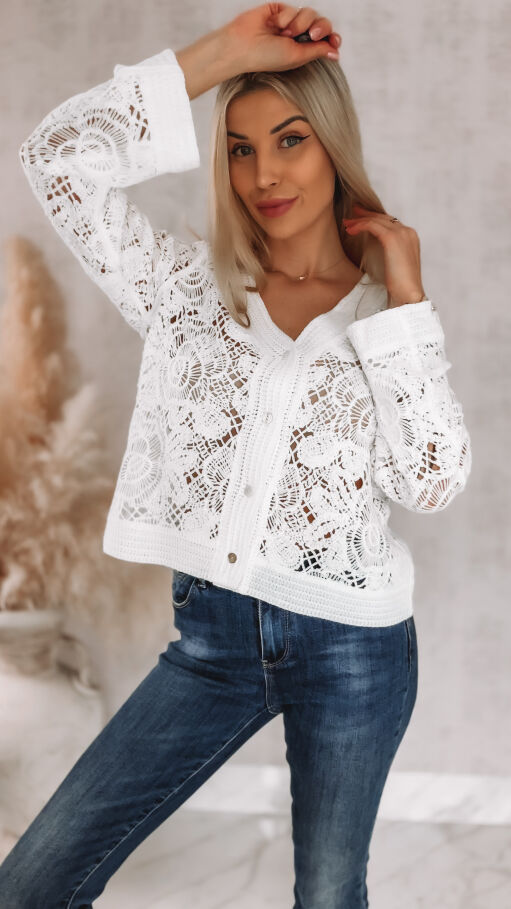 Ażurowy szydełkowy sweter na guziki ONE SIZE white - R920