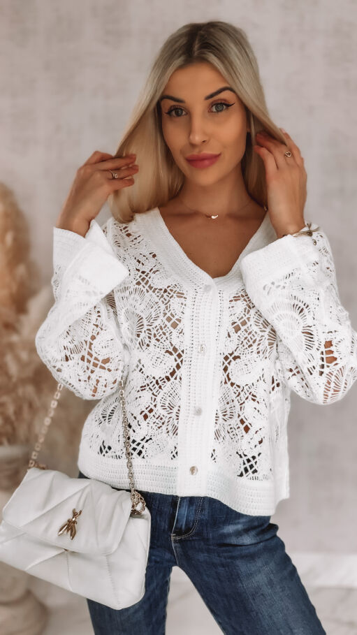 Ażurowy szydełkowy sweter na guziki ONE SIZE white - R920