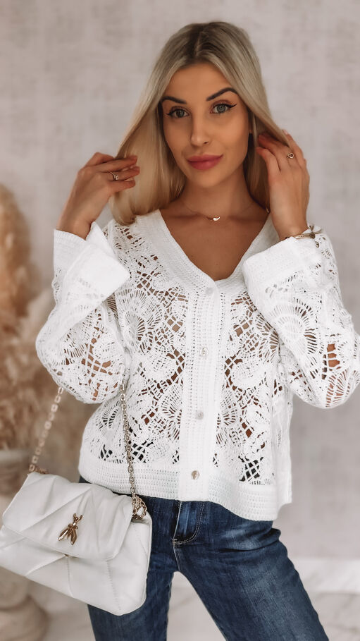Ażurowy szydełkowy sweter na guziki ONE SIZE white - R920