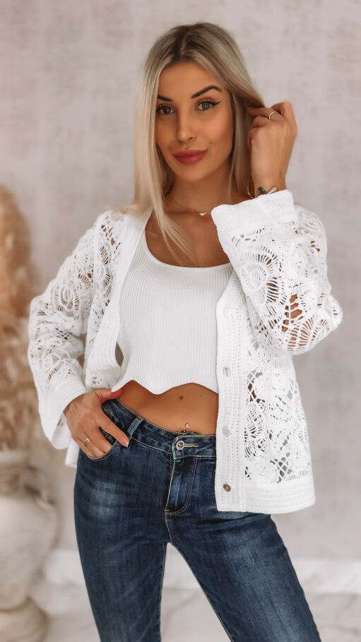 Ażurowy szydełkowy sweter na guziki ONE SIZE white - R920