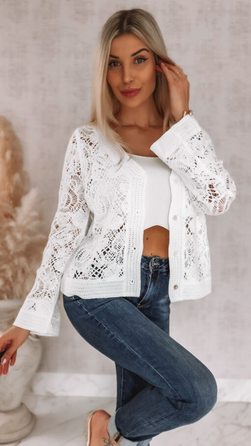 Ażurowy szydełkowy sweter na guziki ONE SIZE white - R920