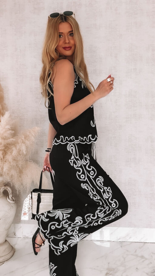 Elegancki CZARNY komplet w stylu boho bluzka + spodnie z LNEM - R968A