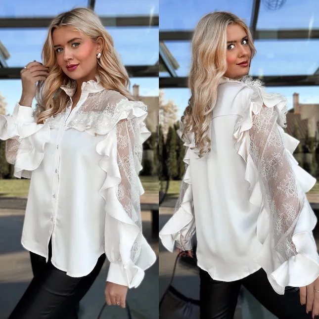 Elegancka koszulowa ECRU z koronkowymi rękawami ONE SIZE - R266