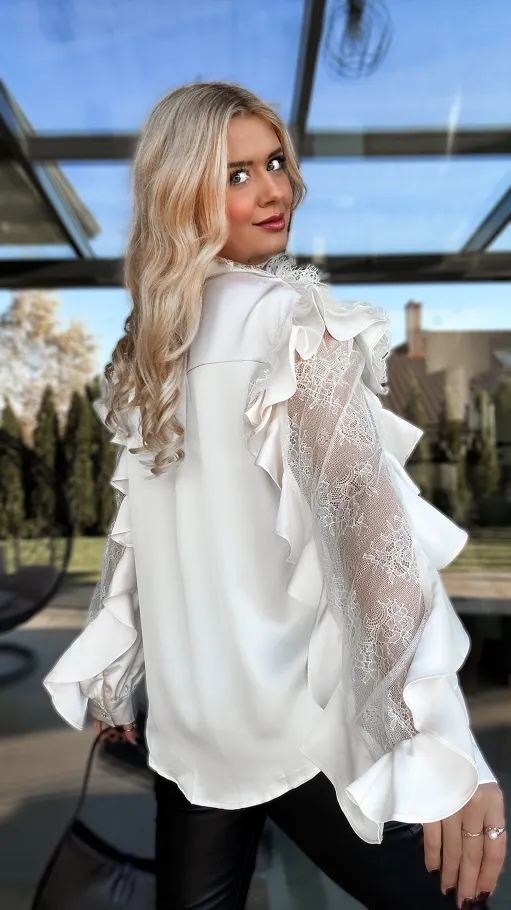 Elegancka koszulowa ECRU z koronkowymi rękawami ONE SIZE - R266