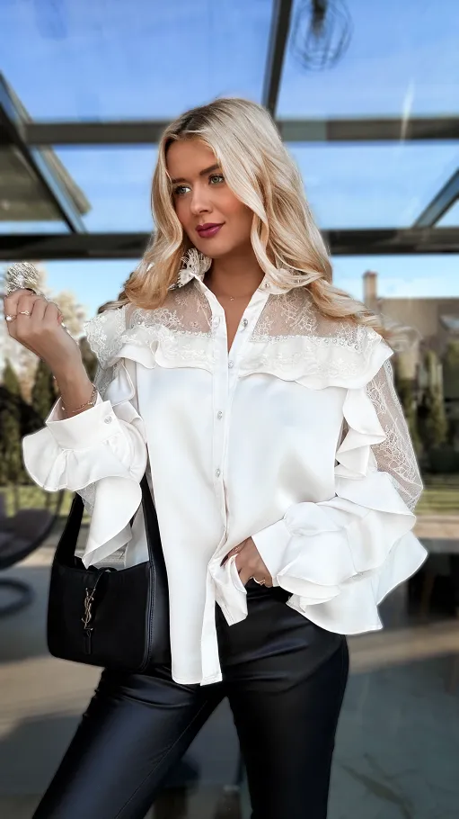 Elegancka koszulowa ECRU z koronkowymi rękawami ONE SIZE - R266
