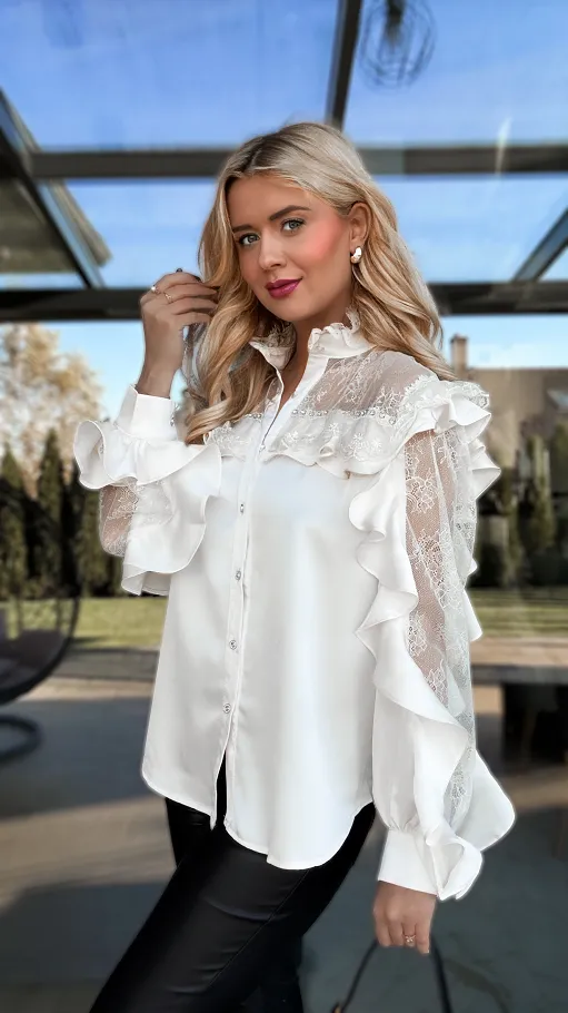 Elegancka koszulowa ECRU z koronkowymi rękawami ONE SIZE - R266