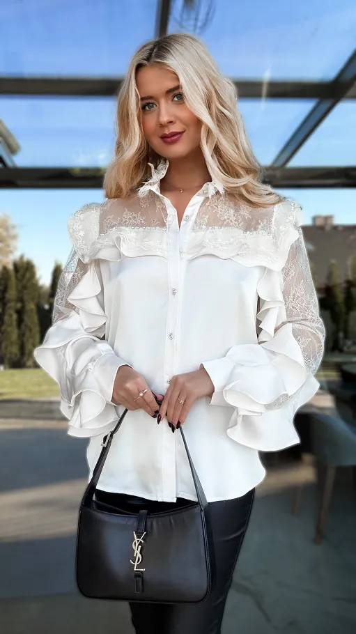 Elegancka koszulowa ECRU z koronkowymi rękawami ONE SIZE - R266