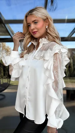 Elegancka koszulowa ECRU z koronkowymi rękawami ONE SIZE - R266