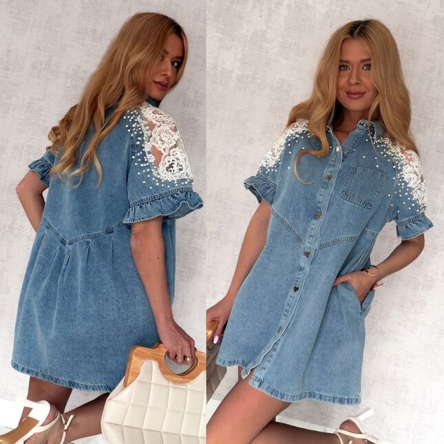 Oryginalna jeansowa sukienka OVERSIZE z ozdobnymi ramionami ONE SIZE - S011