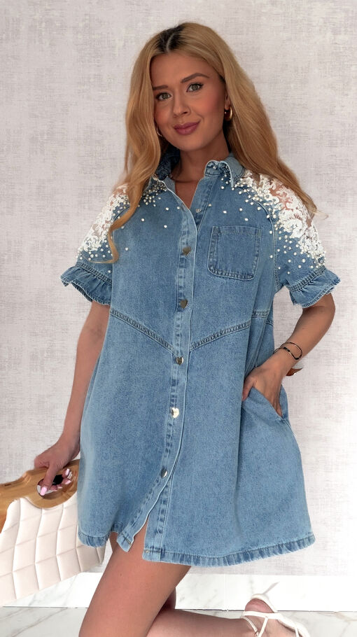 Oryginalna jeansowa sukienka OVERSIZE z ozdobnymi ramionami ONE SIZE - S011