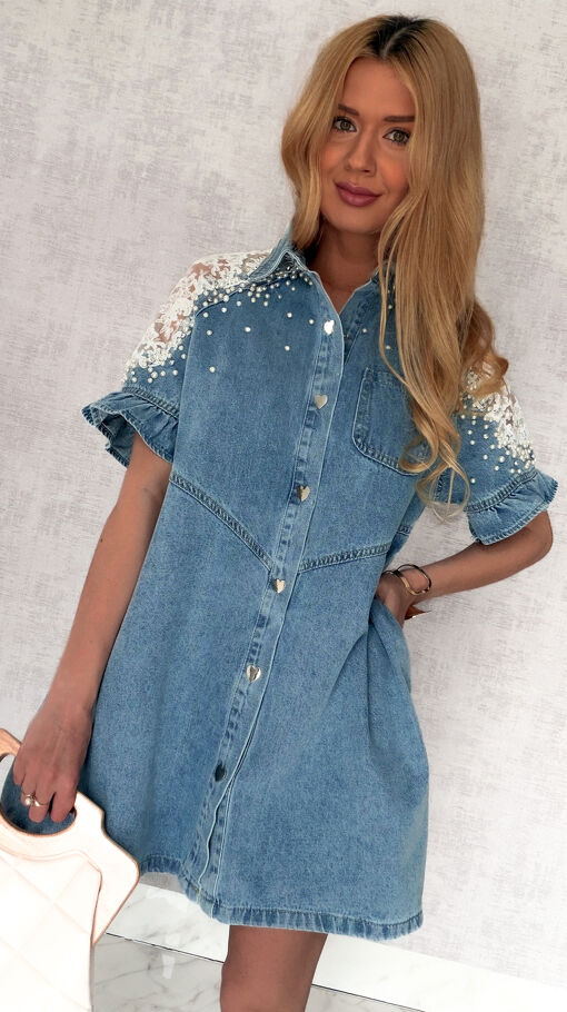 Oryginalna jeansowa sukienka OVERSIZE z ozdobnymi ramionami ONE SIZE - S011