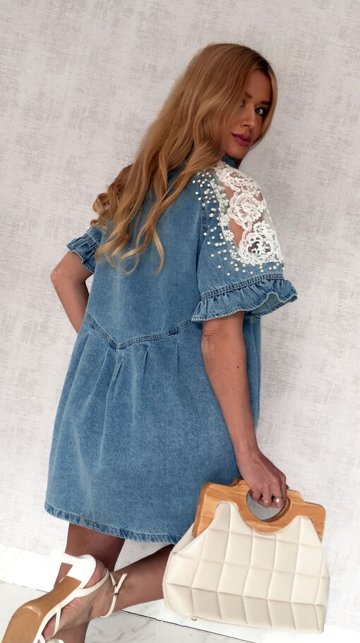 Oryginalna jeansowa sukienka OVERSIZE z ozdobnymi ramionami ONE SIZE - S011