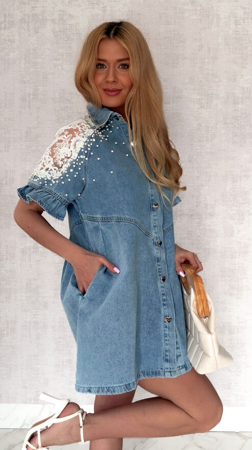 Oryginalna jeansowa sukienka OVERSIZE z ozdobnymi ramionami ONE SIZE - S011
