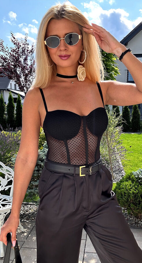 Zmysłowe elastyczne koronkowe BODY bluzka z usztywnianymi miseczkami CZARNE - N416A