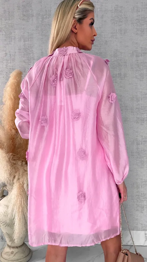 Bawełniana sukienka zdobiona różami ONE SIZE pink - R510B