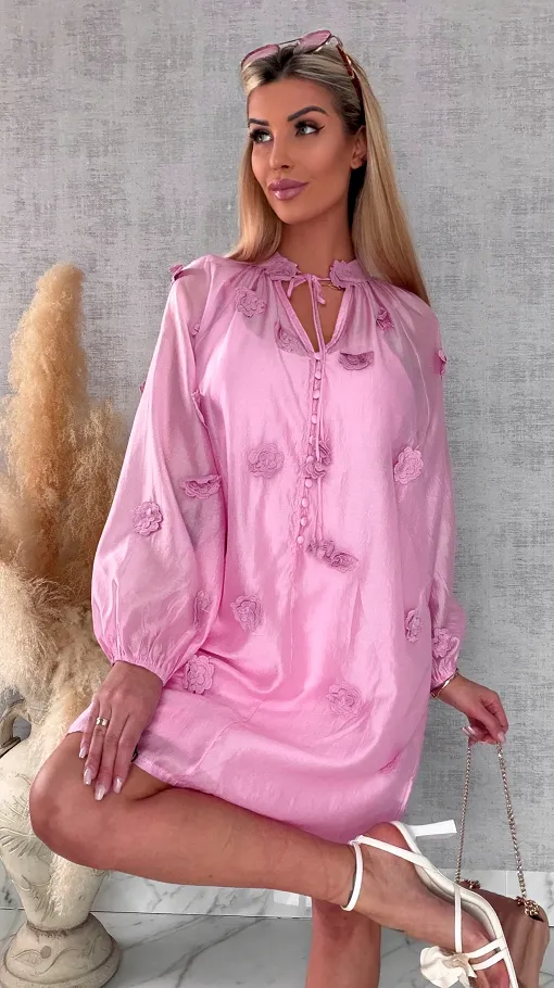 Bawełniana sukienka zdobiona różami ONE SIZE pink - R510B