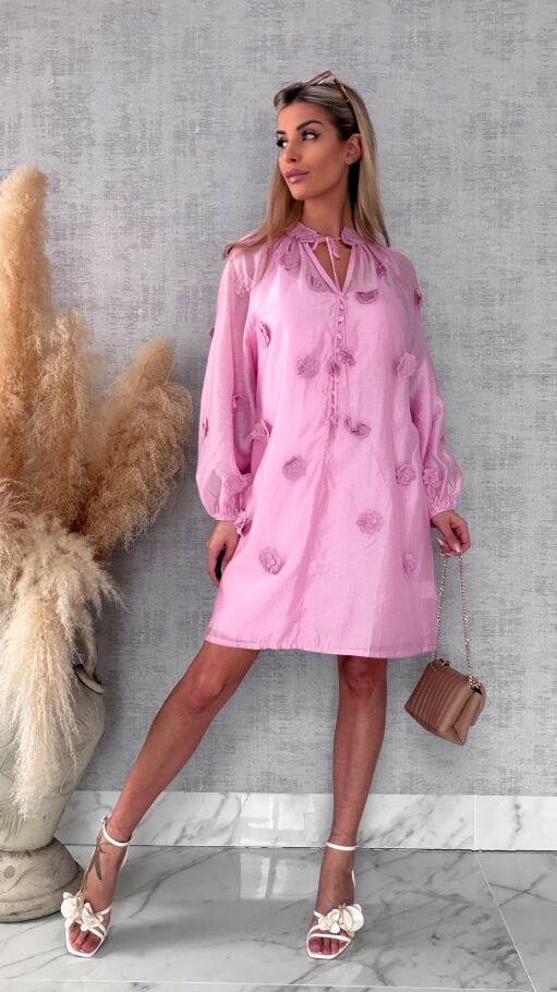 Bawełniana sukienka zdobiona różami ONE SIZE pink - R510B