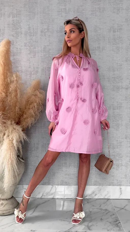 Bawełniana sukienka zdobiona różami ONE SIZE pink - R510B