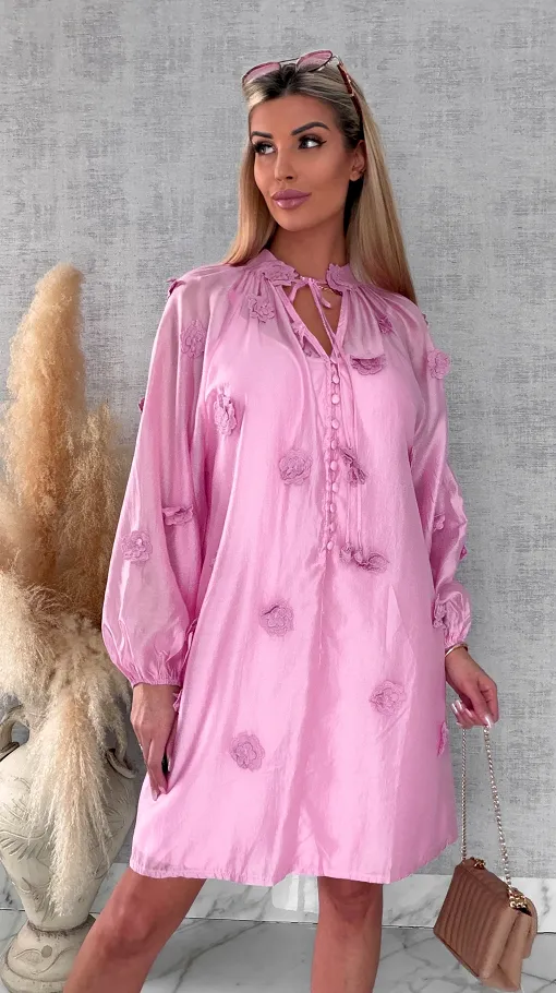 Bawełniana sukienka zdobiona różami ONE SIZE pink - R510B