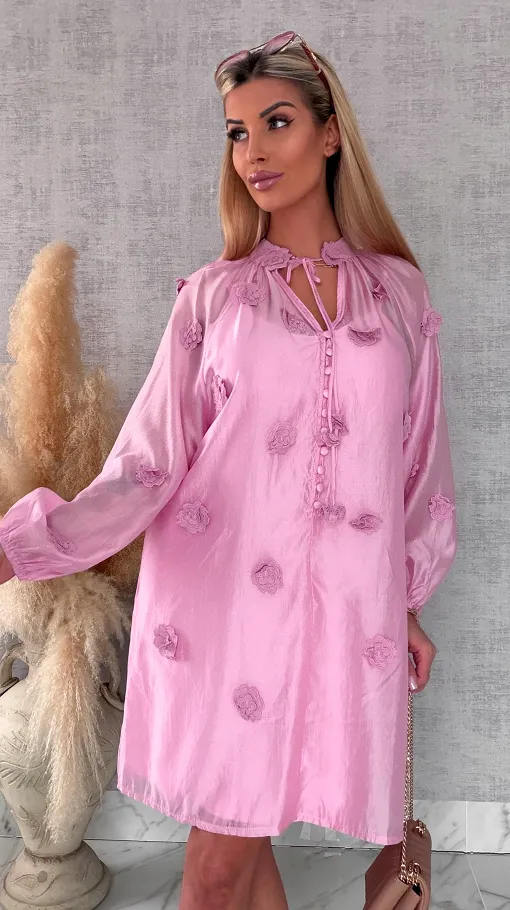 Bawełniana sukienka zdobiona różami ONE SIZE pink - R510B