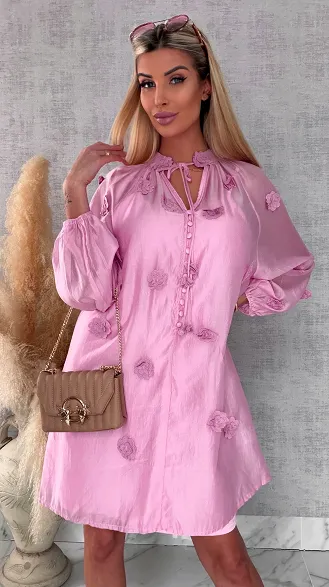 Bawełniana sukienka zdobiona różami ONE SIZE pink - R510B