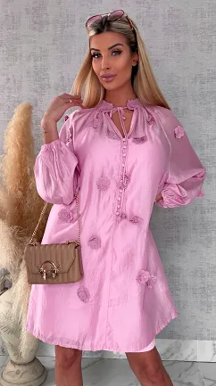 Bawełniana sukienka zdobiona różami ONE SIZE pink - R510B