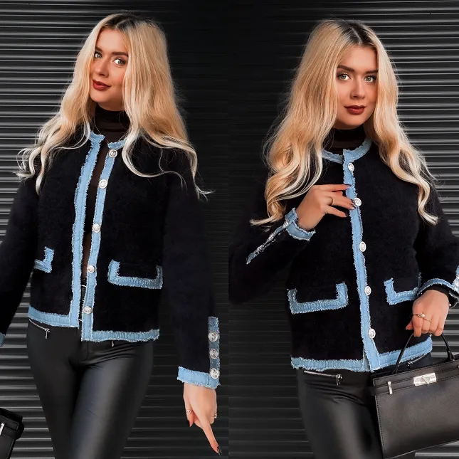 Ciepła marynarka wykończona jeansowymi dodatkami ONE SIZE czarna - R349A