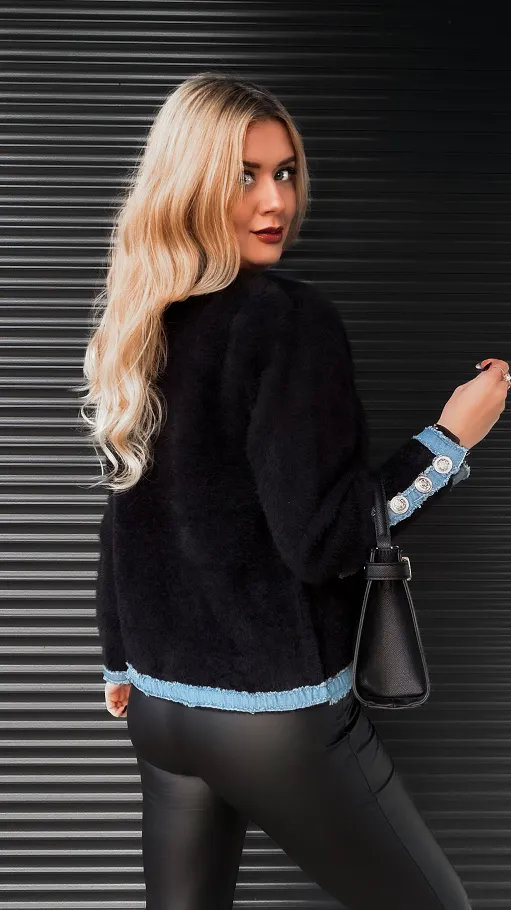 Ciepła marynarka wykończona jeansowymi dodatkami ONE SIZE czarna - R349A