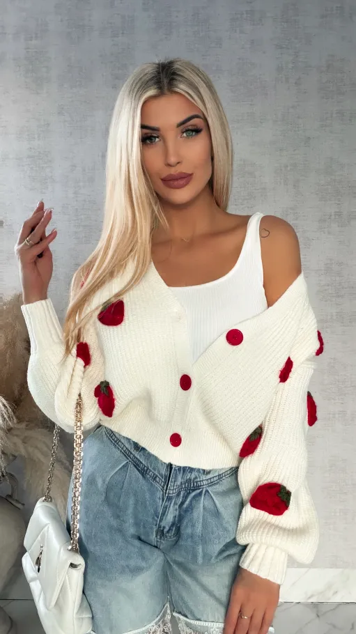 Wiosenny sweter ecru w MALINY zapinany na guziki ONE SIZE - R411A