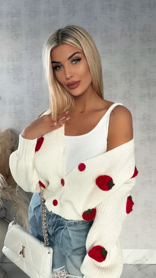 Wiosenny sweter ecru w MALINY zapinany na guziki ONE SIZE - R411A